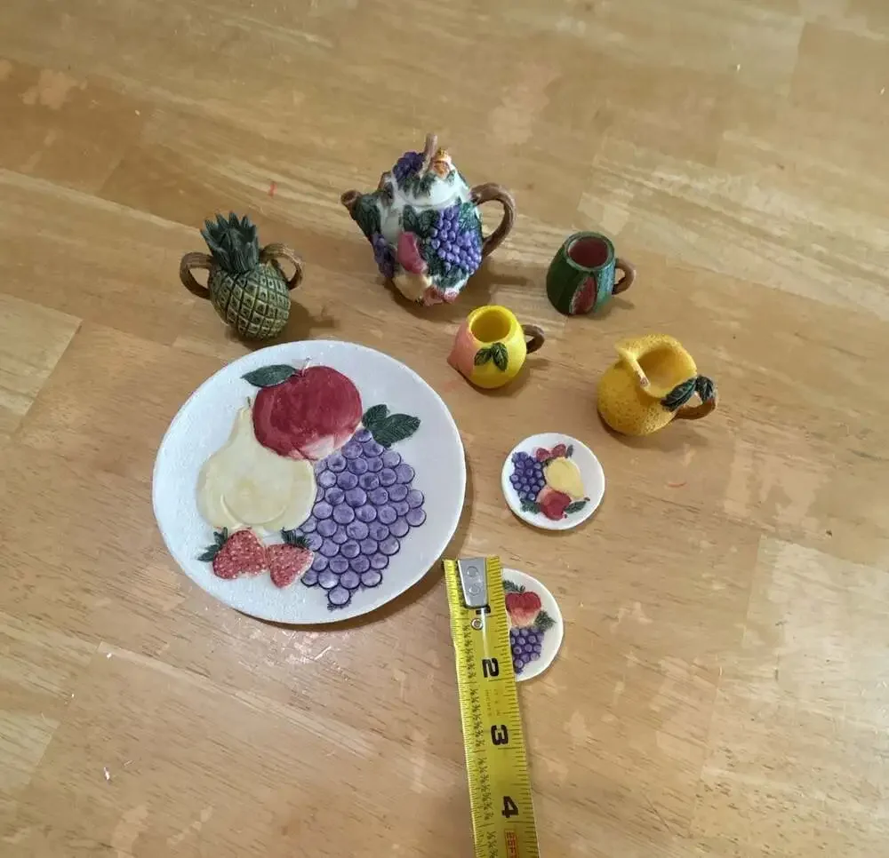 Vintage Miniature Resin Fruit Themed Tea Set Including Teapot, Cups, and Plates